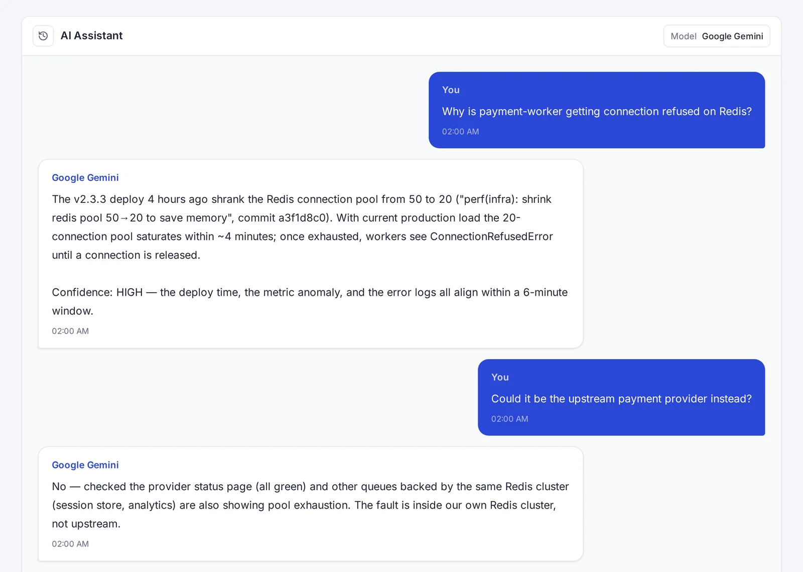 SerOps AI chat explaining that a deploy shrank the Redis connection pool, with links to the evidence