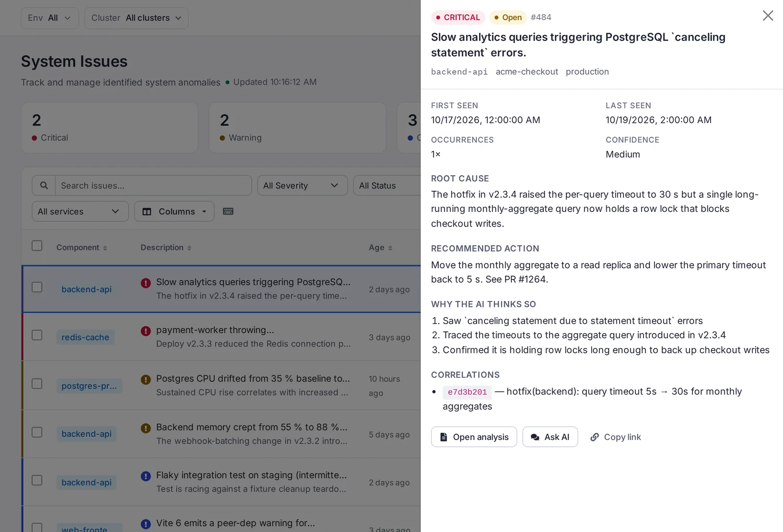 SerOps issues list with the side panel open: root cause, recommended action, the AI's reasoning and the correlated commit