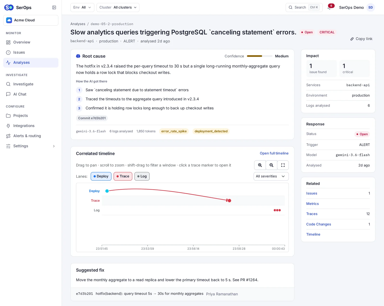 SerOps analysis of a critical incident: the root cause, how the AI got there, the commit behind it, a correlated deploy-trace-log timeline and the suggested fix